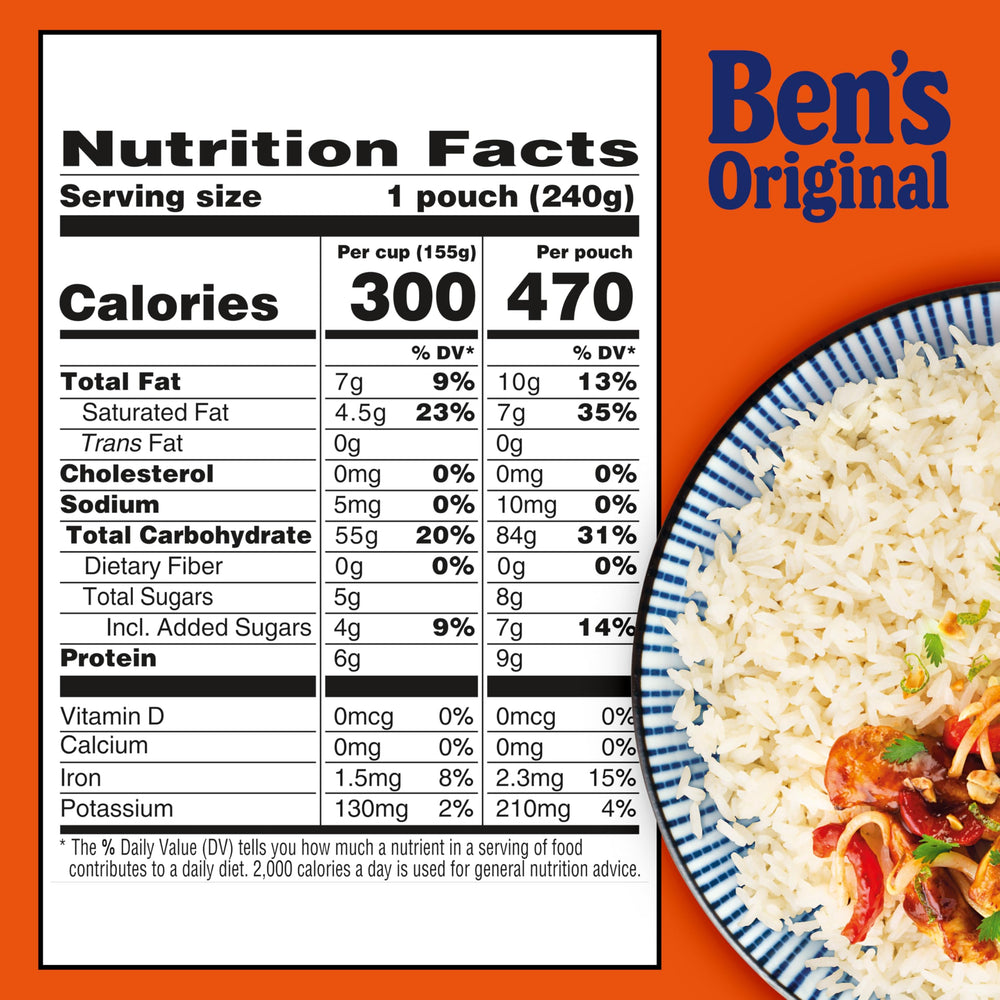 Microwave-ready BEN'S ORIGINAL coconut jasmine rice in a BPA-free pouch
