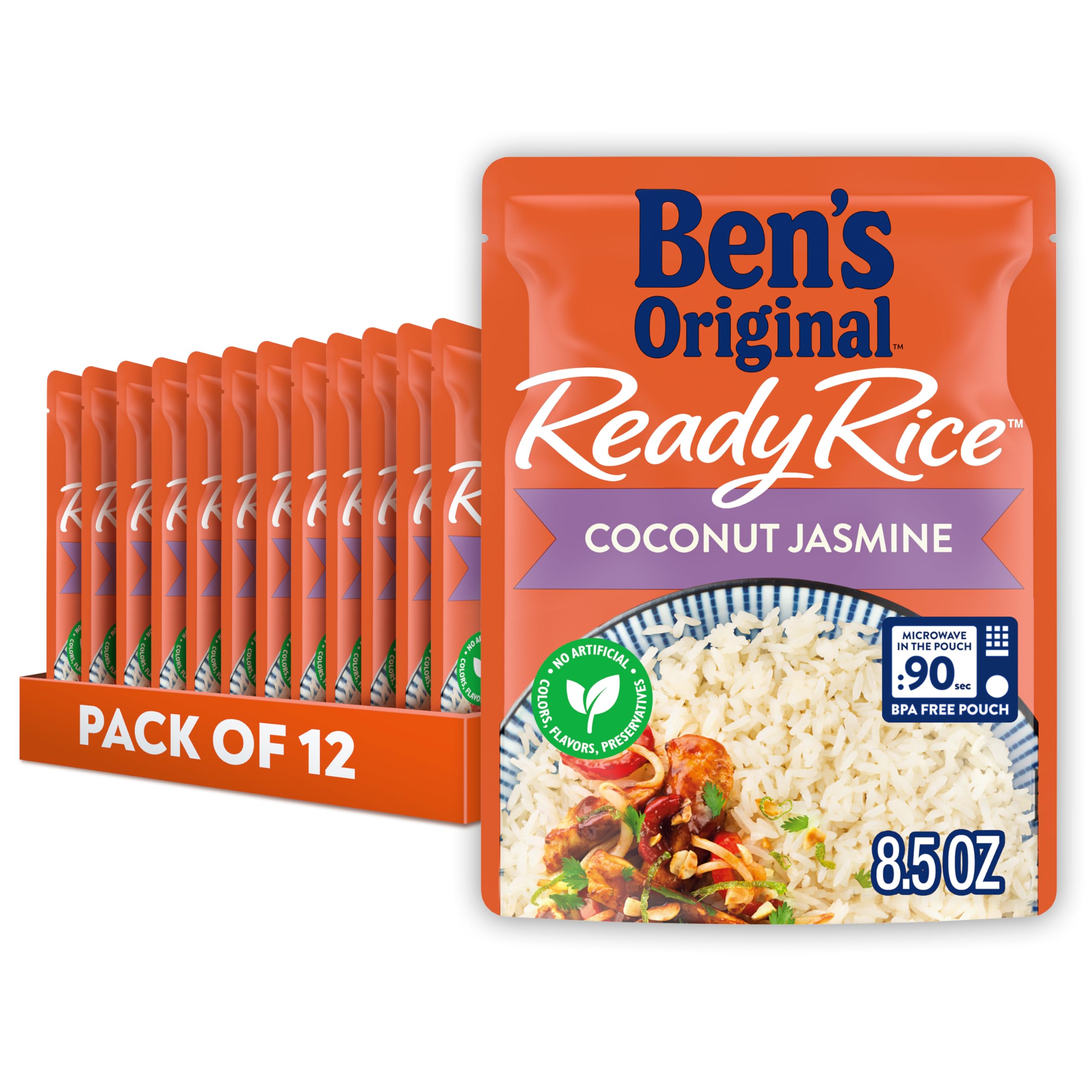 BEN'S ORIGINAL Ready Rice Coconut Jasmine pouch shown for a 90-second microwave dinner