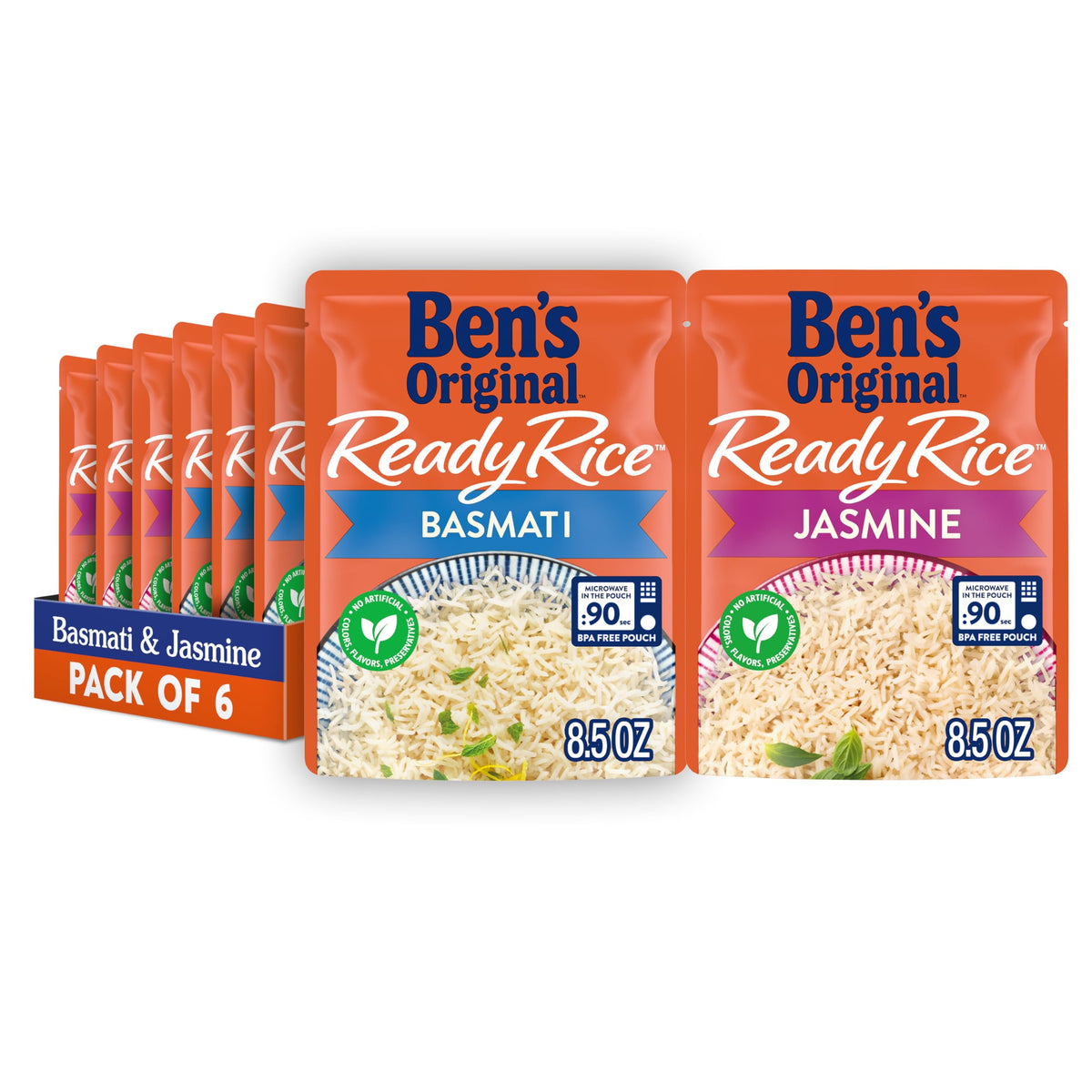 BEN'S ORIGINAL Ready Rice variety pack front view with six microwave-ready pouches for quick dinners.