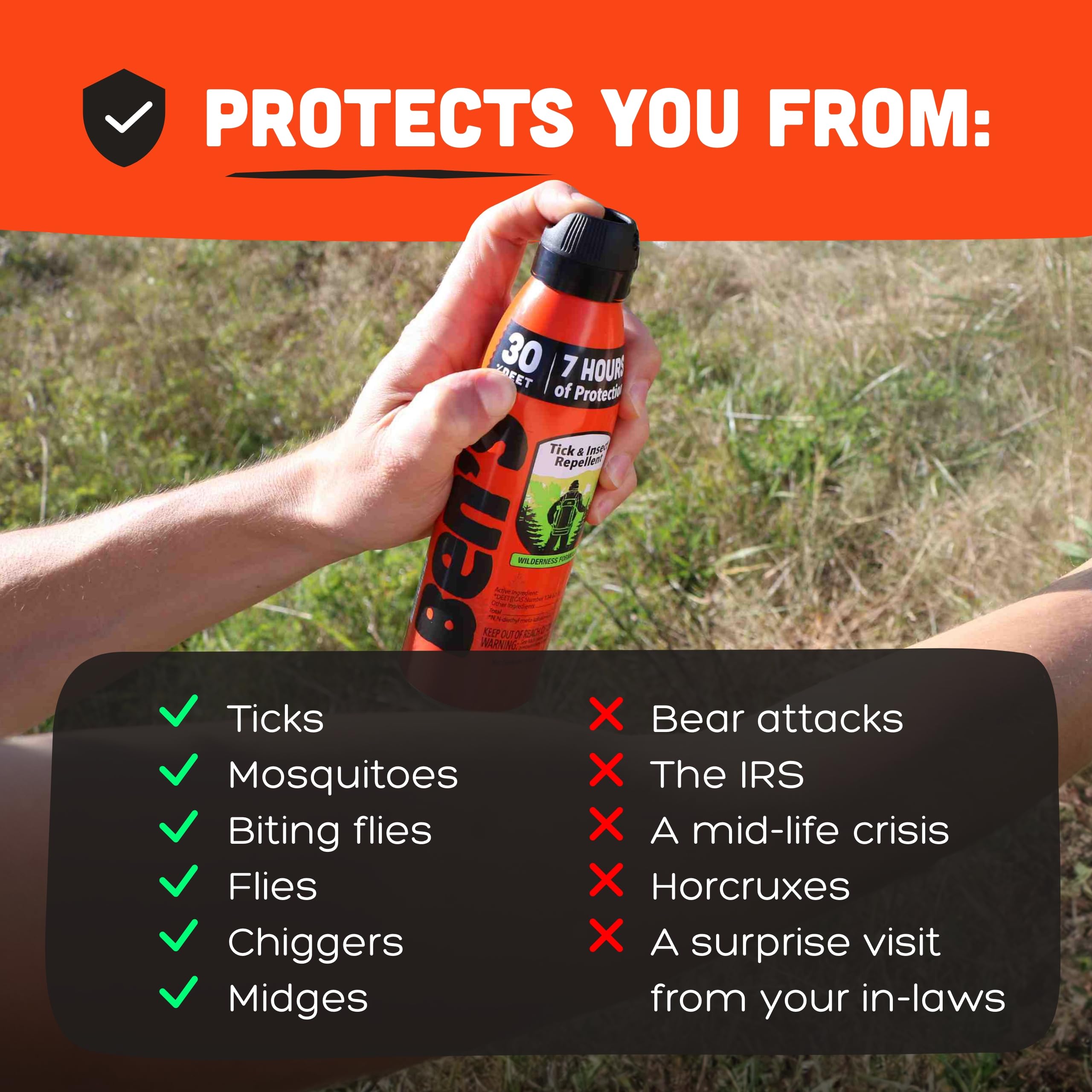 Ben's Eco Spray shown outdoors for tick and mosquito protection.