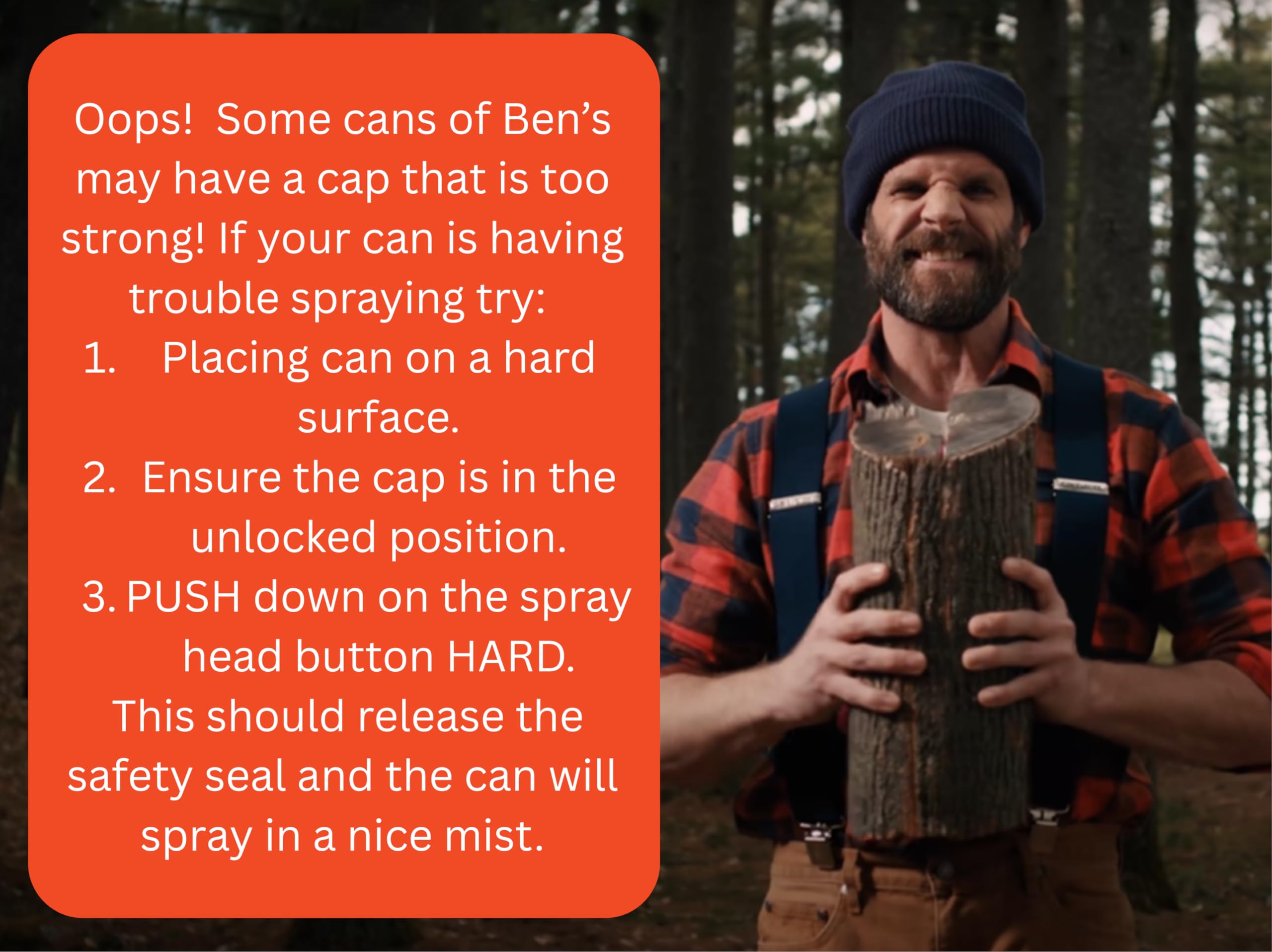 Ben's packaging highlights rugged outdoor use and simple reapplication.