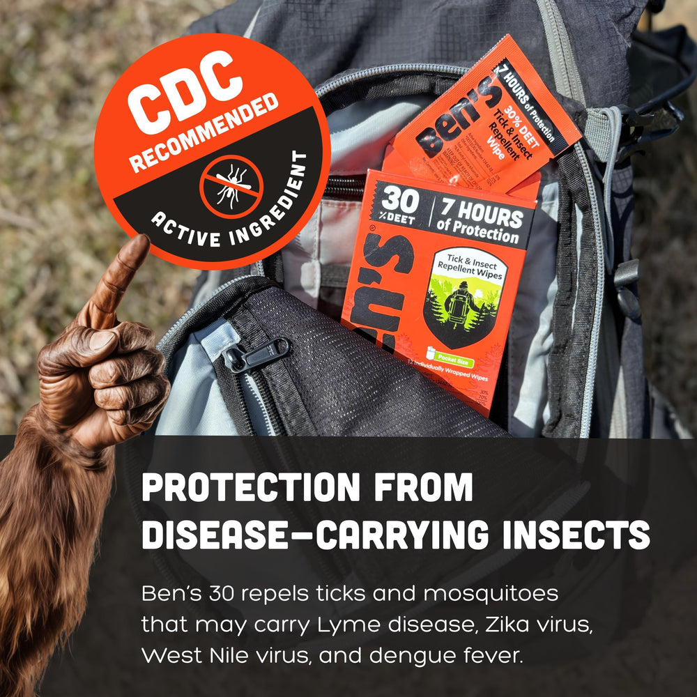 Ben's 30% DEET wipes offer long-lasting protection from biting insects.