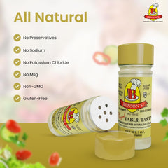 Benson's Table Tasty salt substitute pour shot highlights versatile vegetable and egg use.