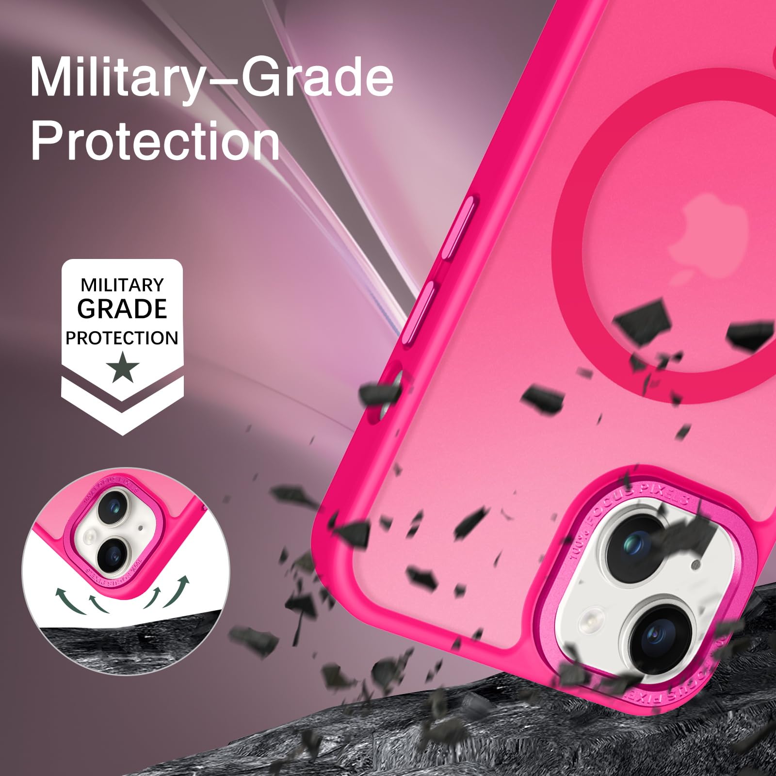 Shock-absorbent pink case guards iPhone from drops.