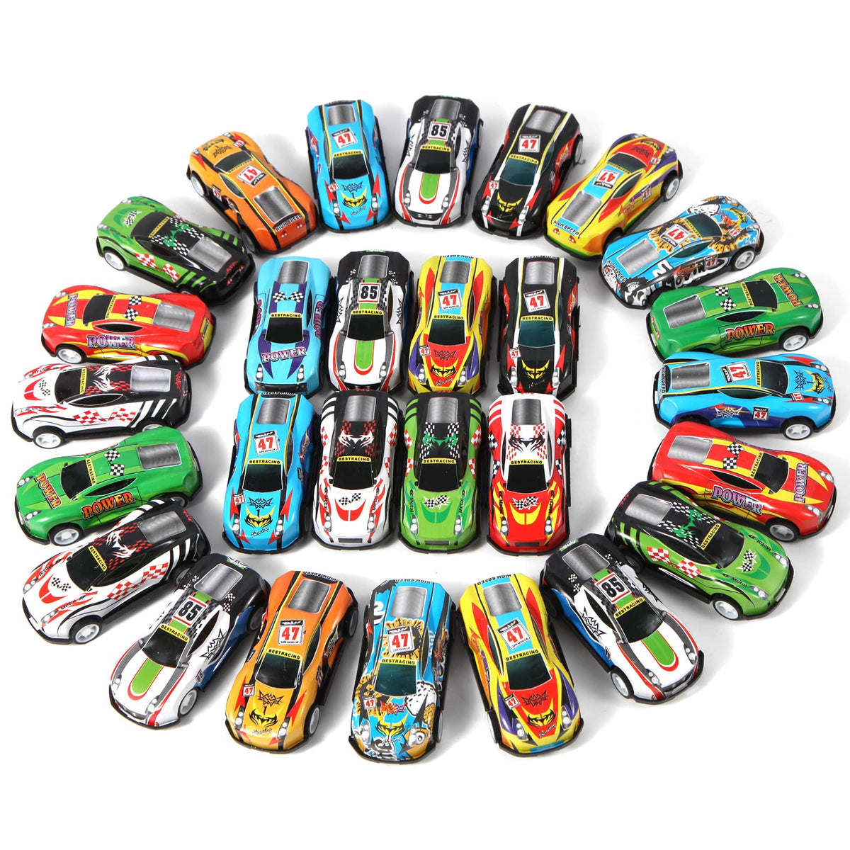 Benzem 28-pack pull-back cars in bright colors for shared play and party favors.