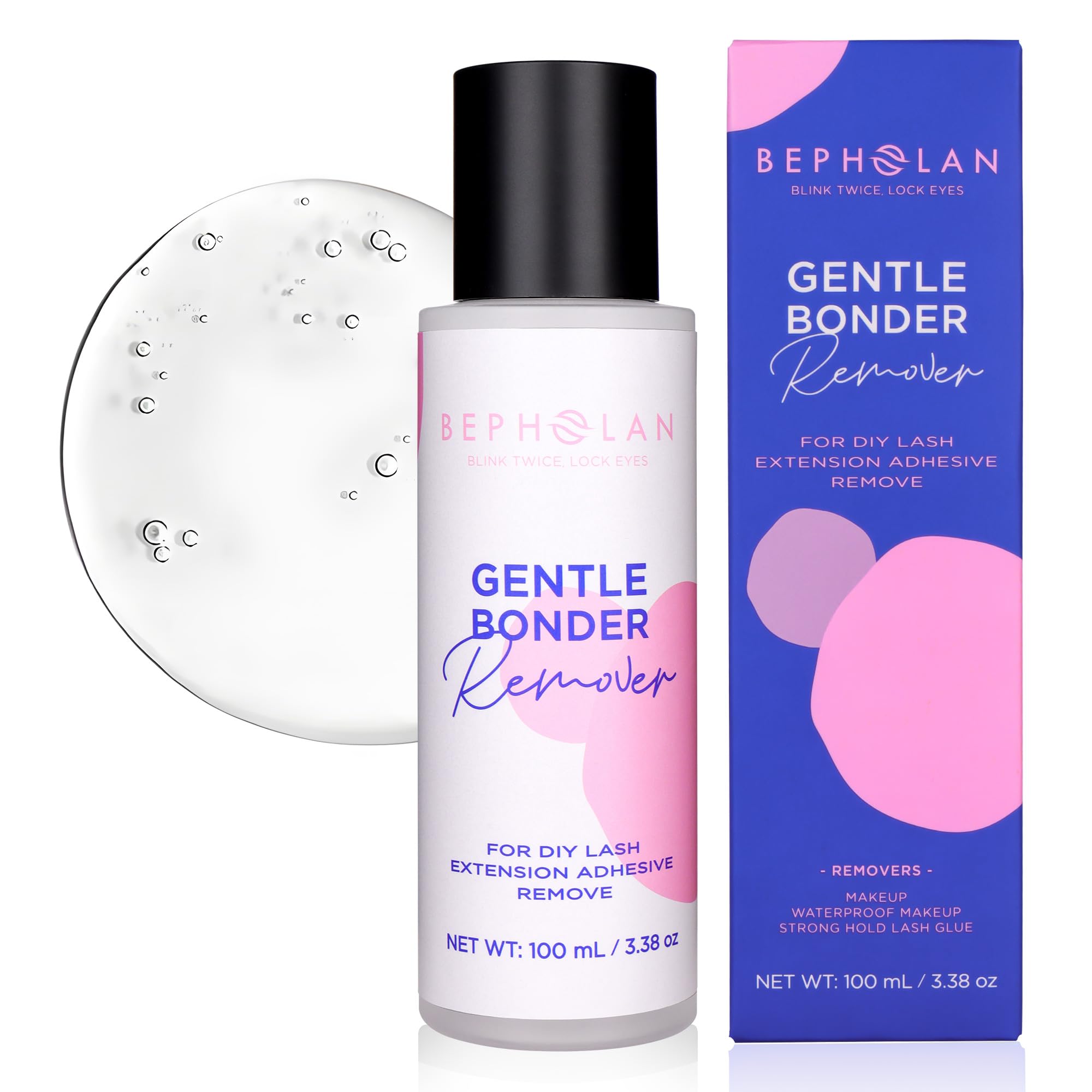 BEPHOLAN lash remover bottle highlighting 100ml size for fast glue dissolution.