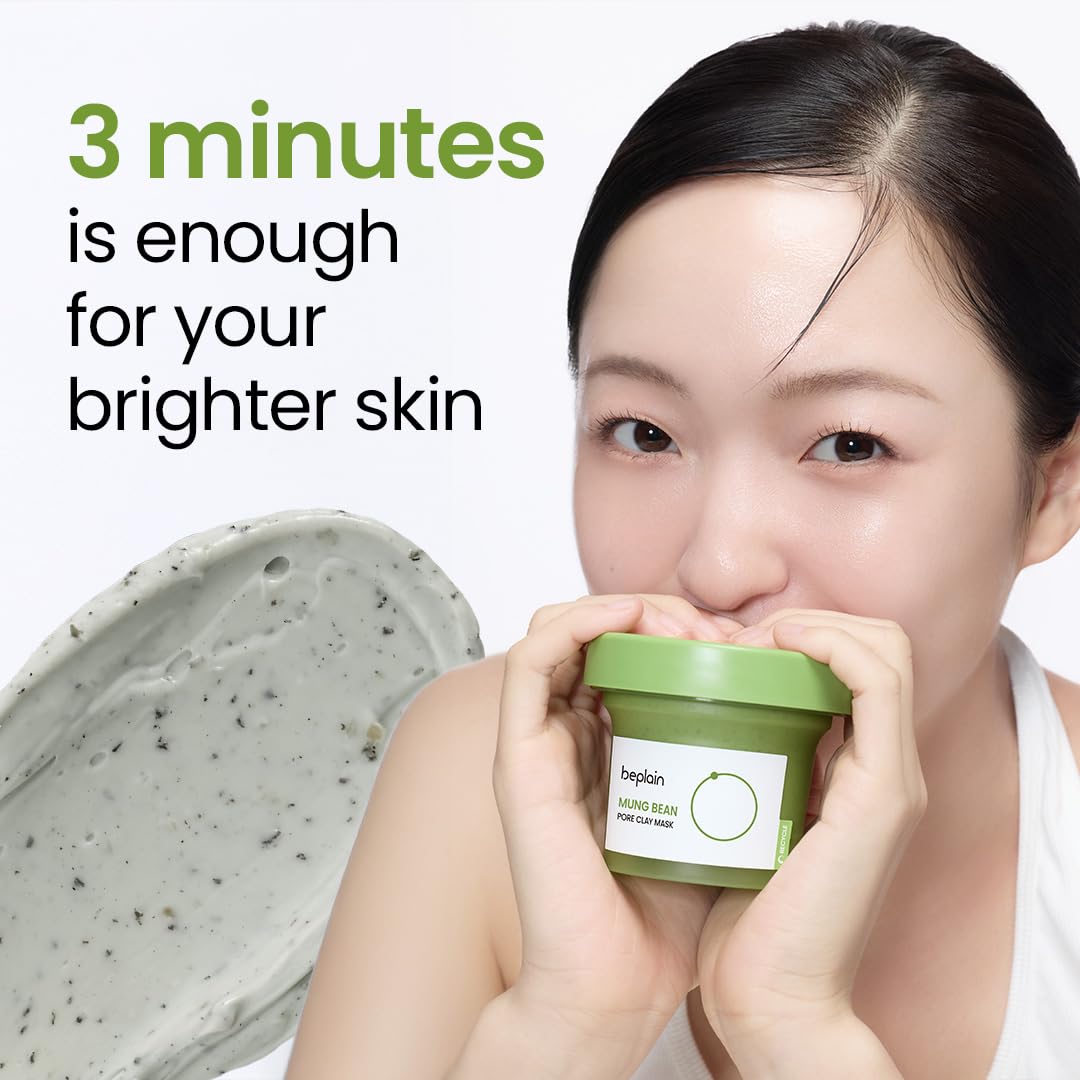 Beplain Mung Bean Pore Clay Mask wash-off demonstrates easy rinse after a brief treatment.