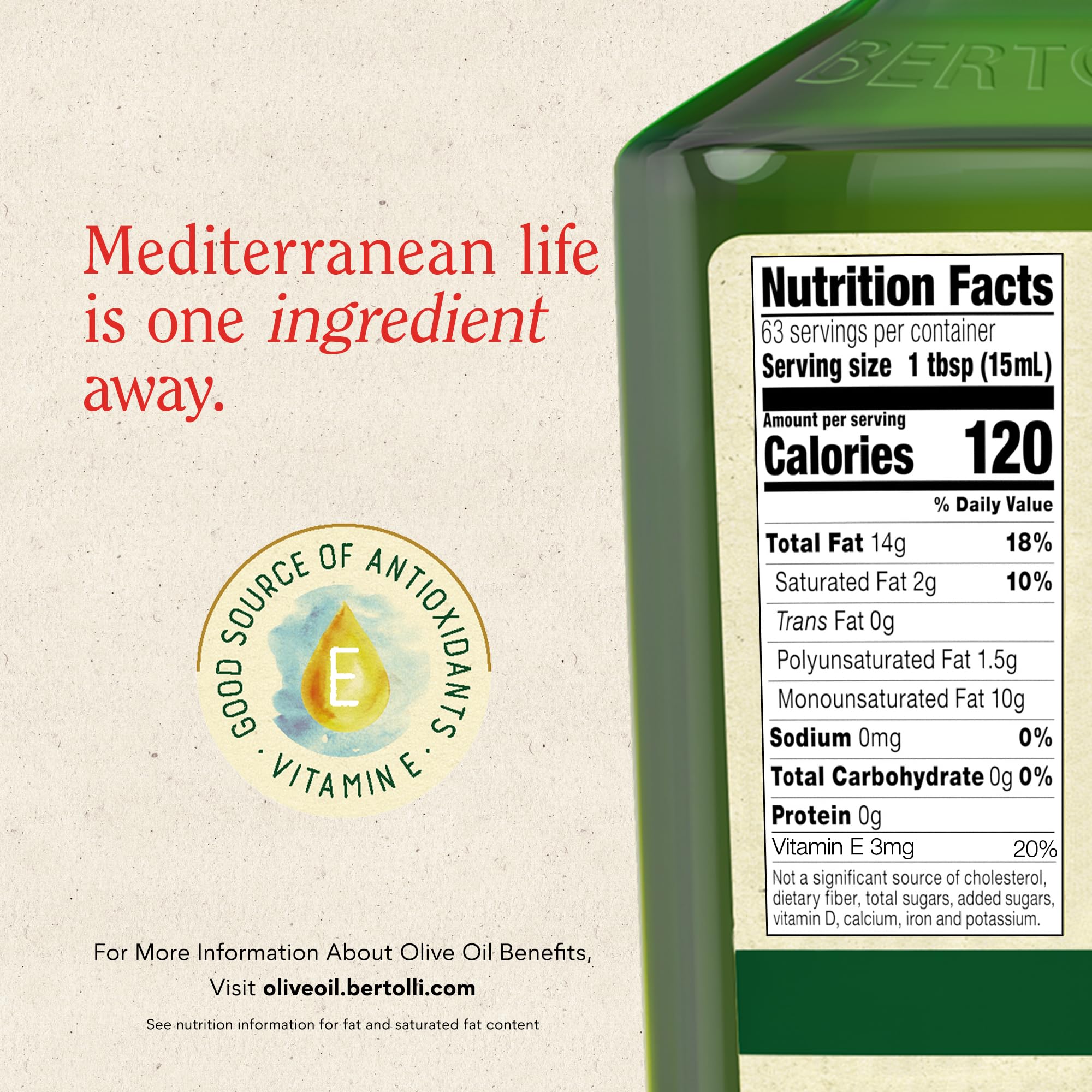 Bertolli dark glass bottle preserves freshness and flavor.