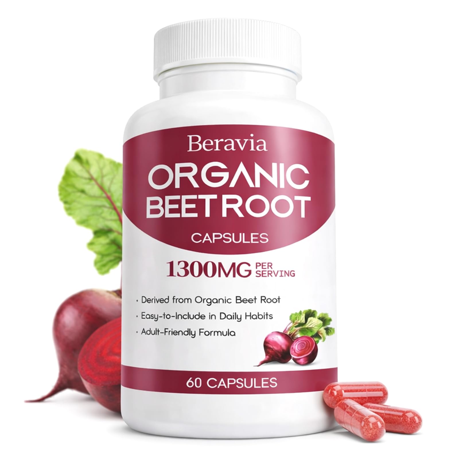 Beravia Beet Root Capsules bottle-front view for daily energy and wellness support