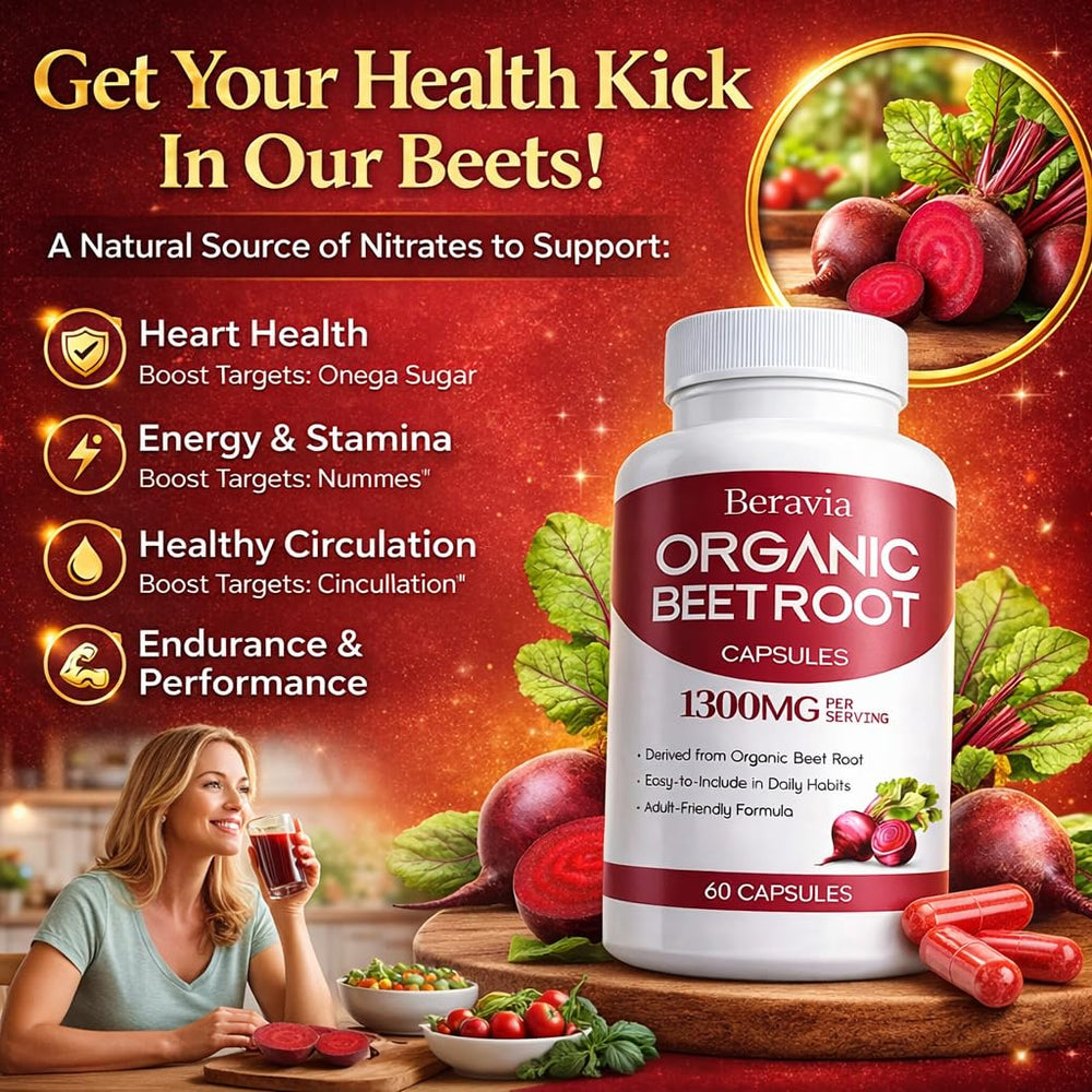 Beravia Beet Root Capsules closeup-label emphasizes vegan, organic beet root
