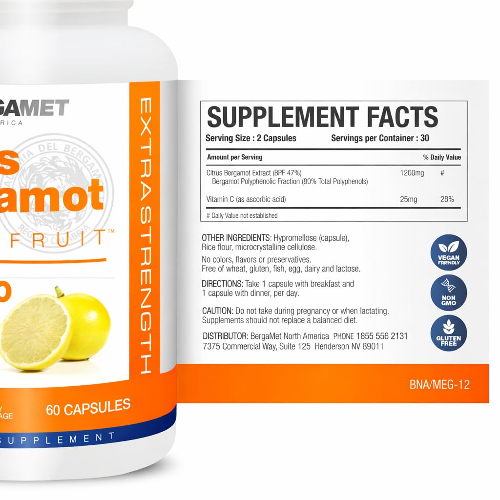 BergaMet Citrus Bergamot supplement bottle closeup emphasizes high polyphenol content.
