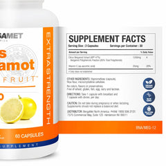 BergaMet Citrus Bergamot supplement bottle closeup emphasizes high polyphenol content.