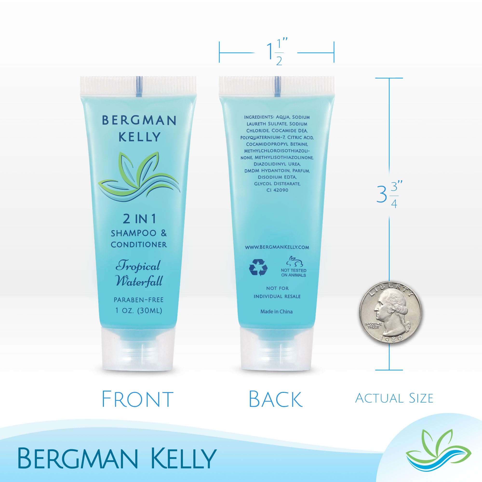 BERGMAN KELLY carry-on friendly 1oz 2-in-1 shampoo conditioner for travel.