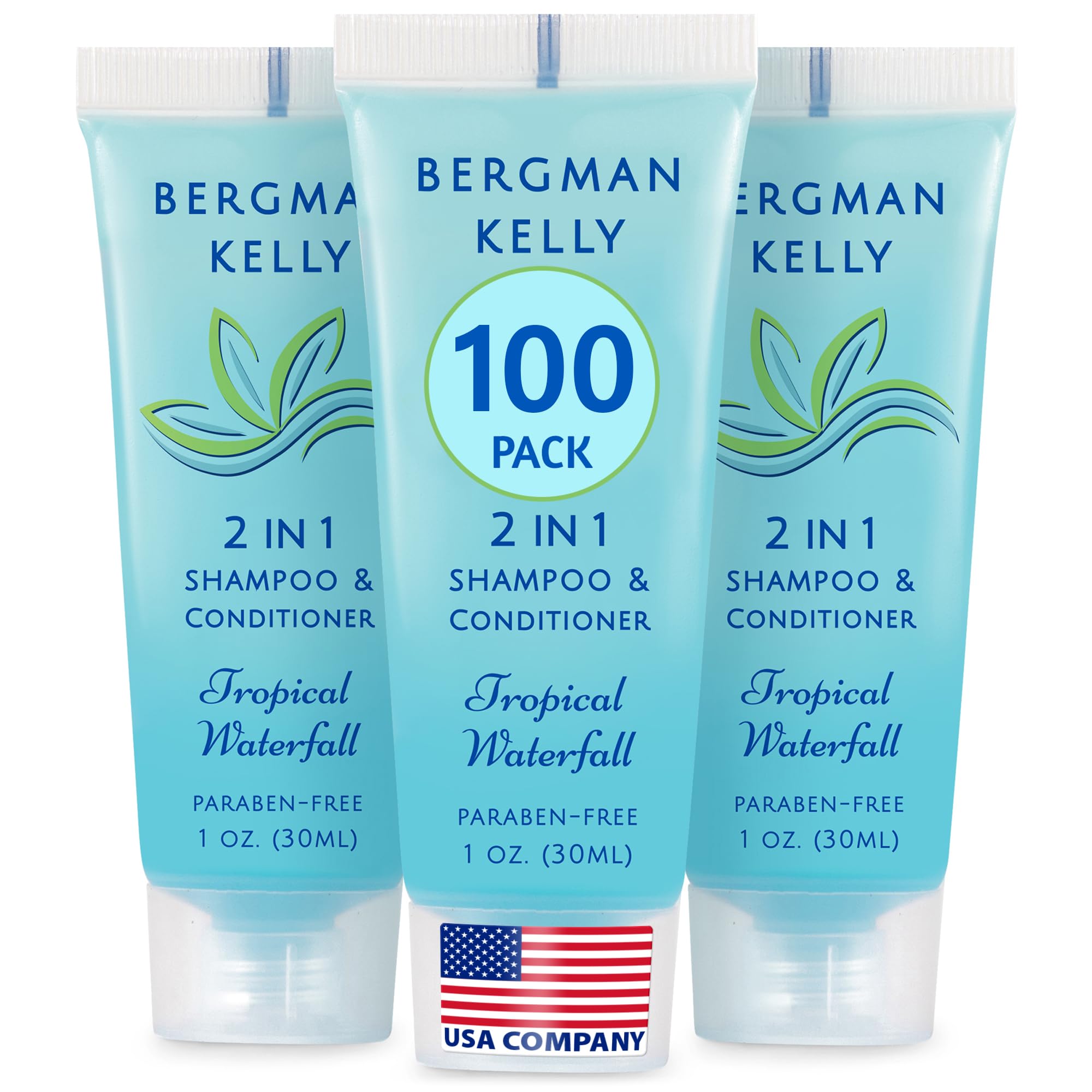 BERGMAN KELLY travel-size 2-in-1 bottle with tropical waterfall scent for guest bathrooms.