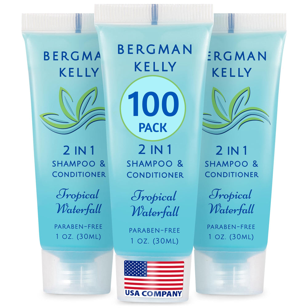 BERGMAN KELLY travel-size 2-in-1 bottle with tropical waterfall scent for guest bathrooms.