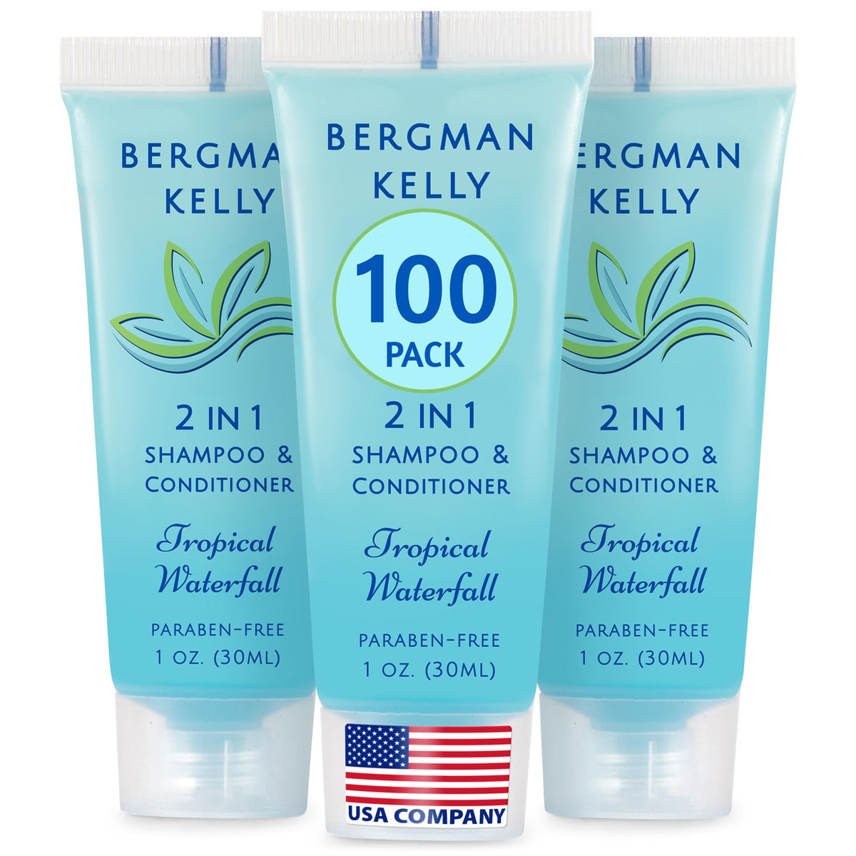 BERGMAN KELLY travel-size 2-in-1 bottle with tropical waterfall scent for guest bathrooms.