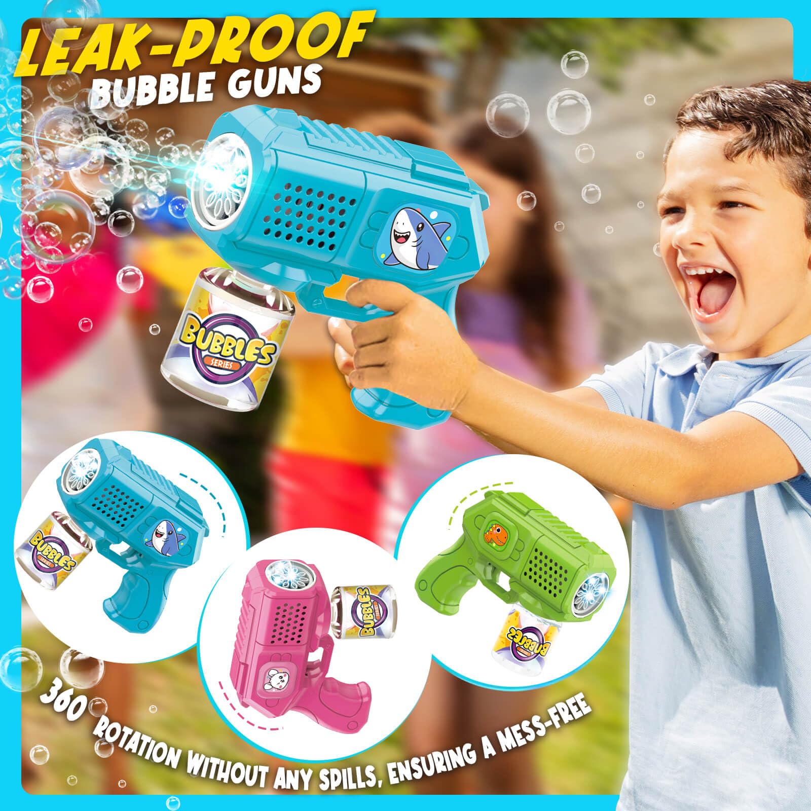 Beria bubble guns with 360-degree rotation for mess-free fun