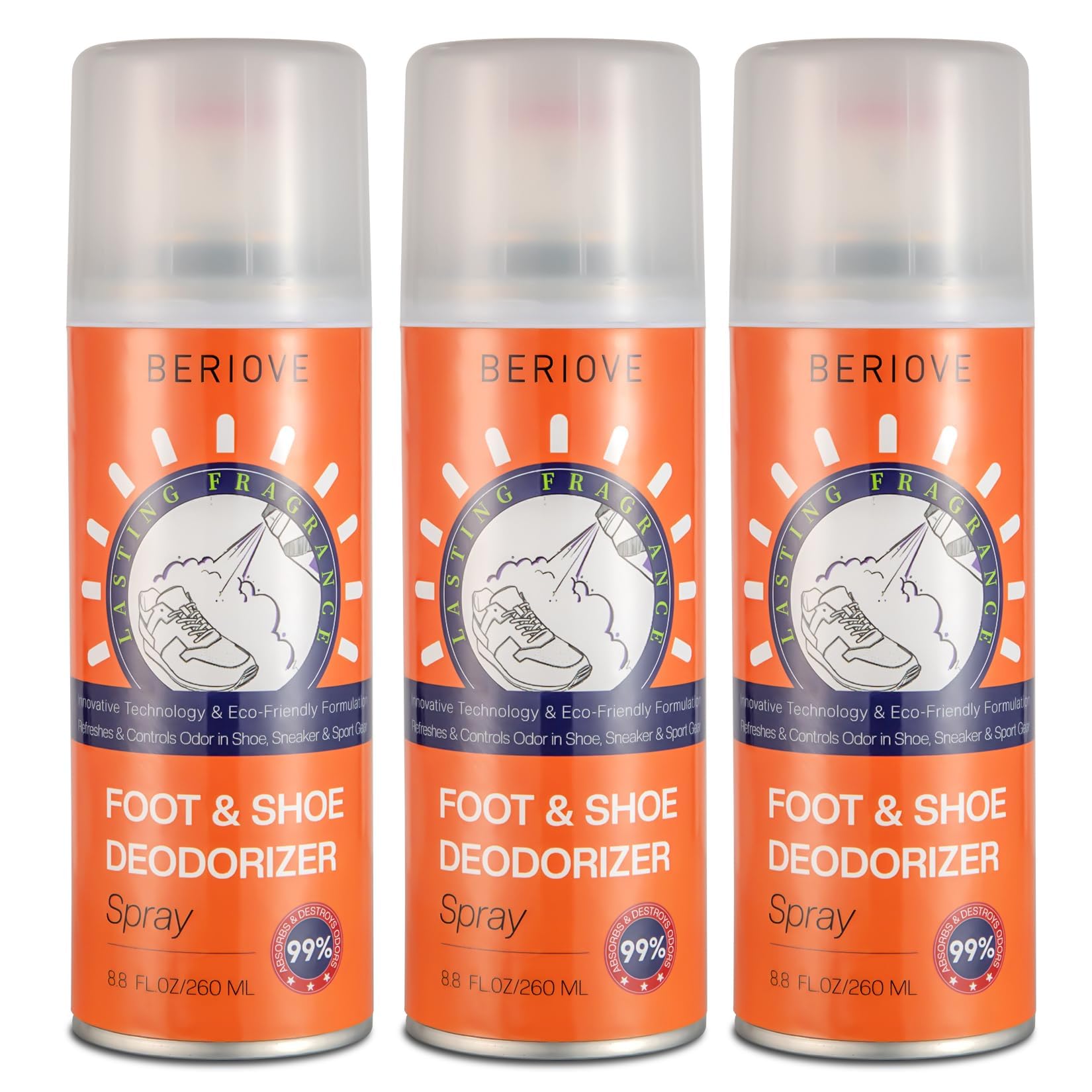 BERIOVE long-lasting shoe deodorizer spray application shows fresh shoes and deodorization.