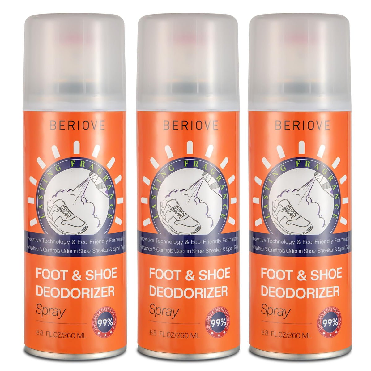 BERIOVE long-lasting shoe deodorizer spray application shows fresh shoes and deodorization.