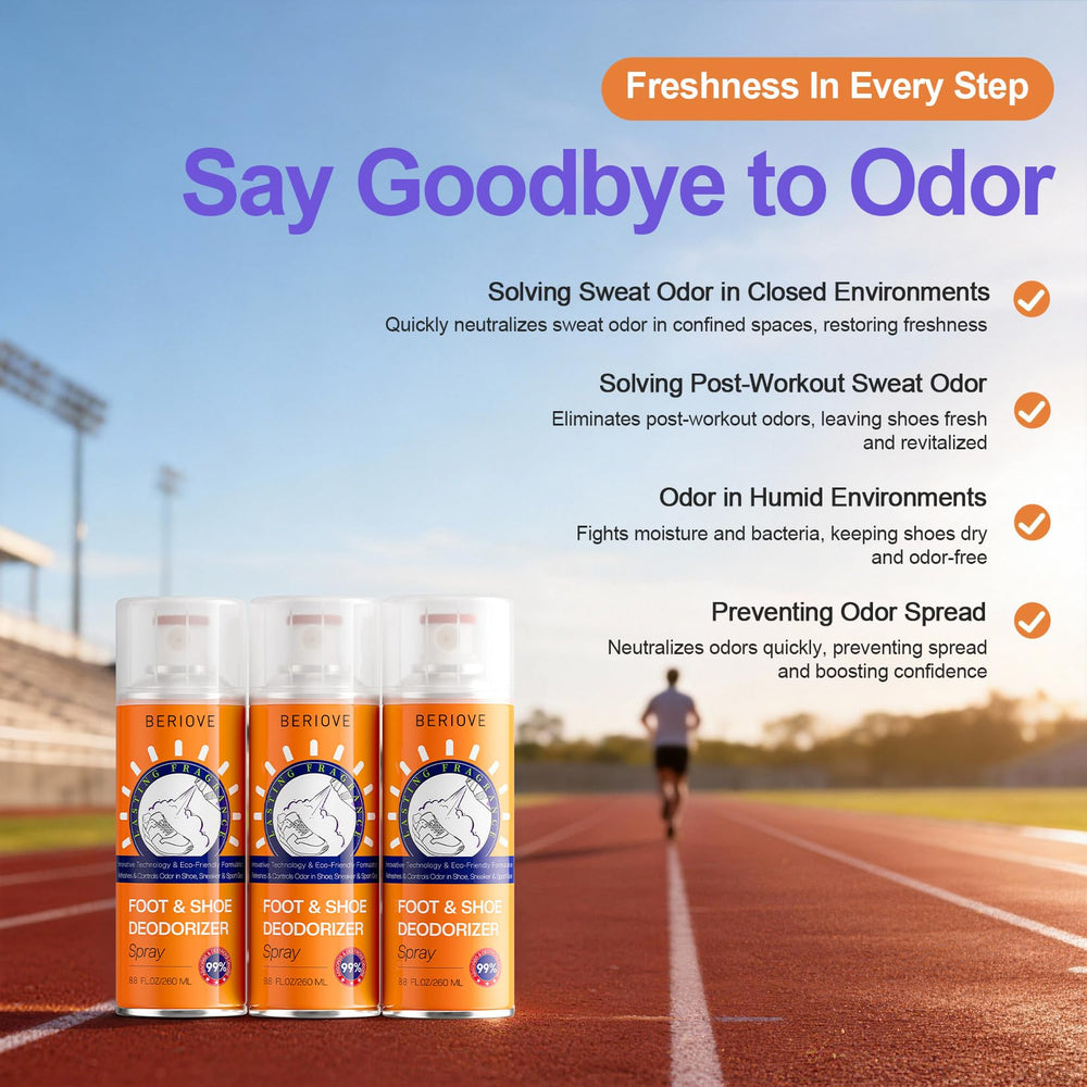 BERIOVE shoe odor eliminator bottle demonstrates easy upside-down spray usage on footwear.