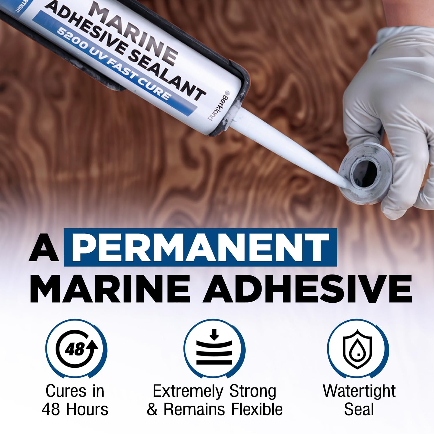 Berkland 5200FC sealant being applied to a boat hull for a watertight seal