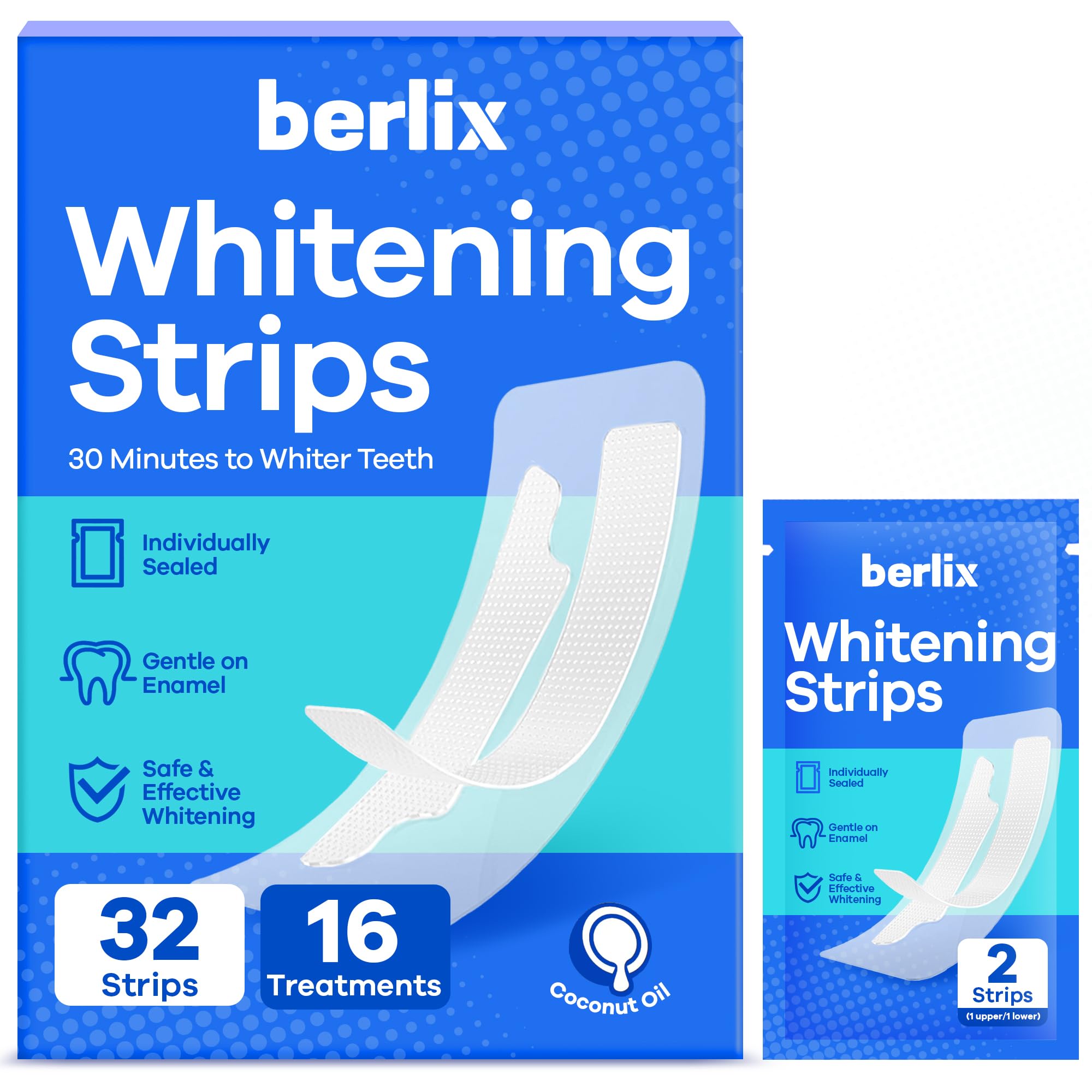 Berlix teeth whitening strips show slip-free adhesive for precise placement.
