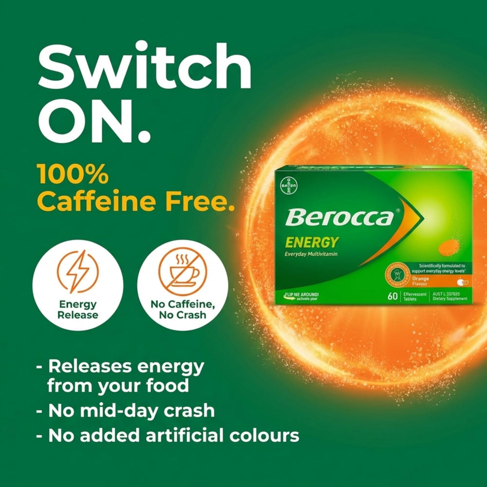 Packaging highlights Berocca's 12 vitamins and minerals