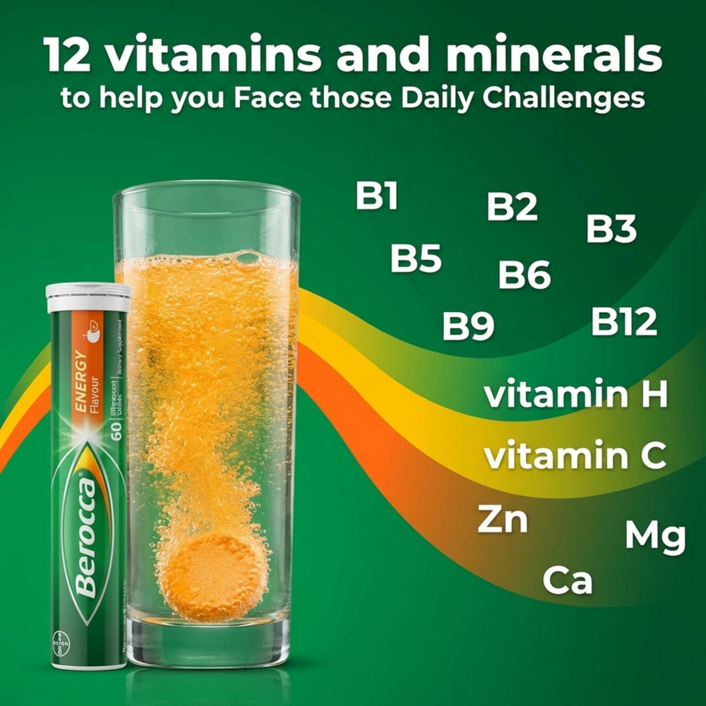 Berocca orange tablets in a glass showing fizzy fruity flavor