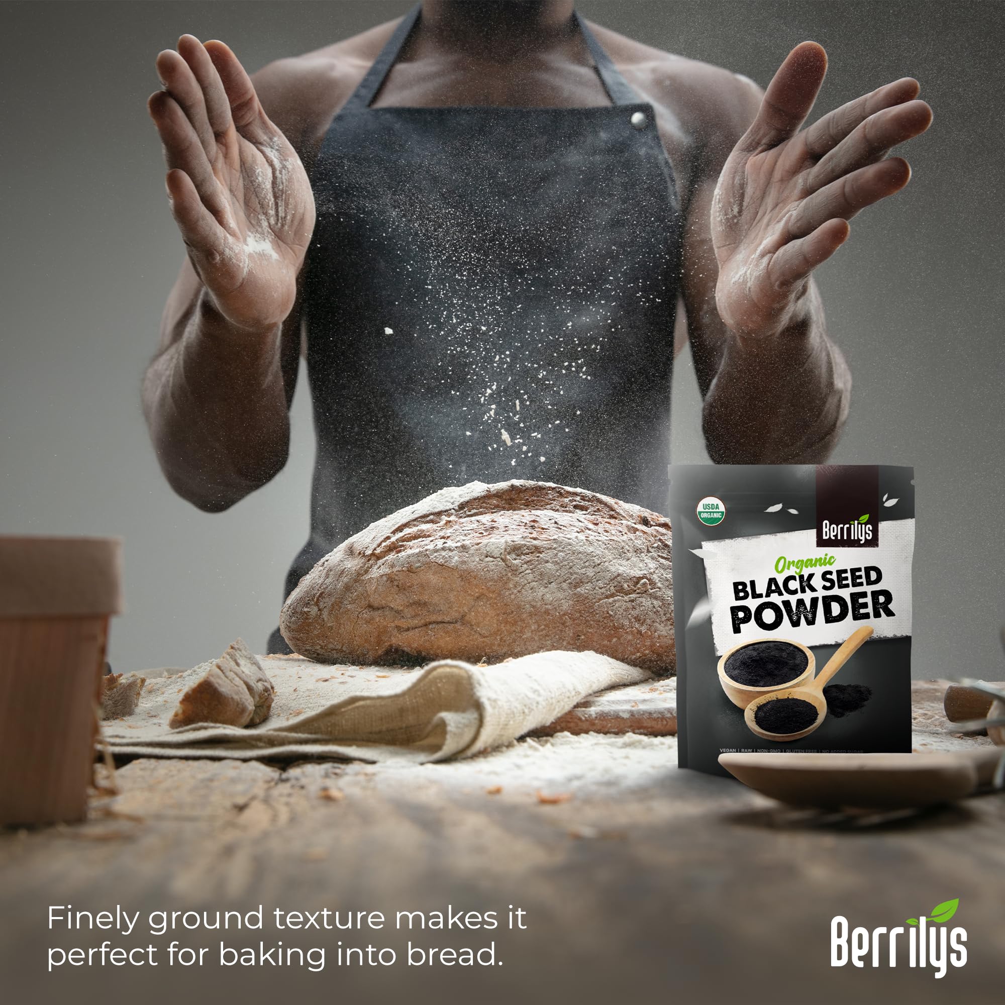 Berrilys Black Seed Powder added to a smoothie for flavor and nutrients.
