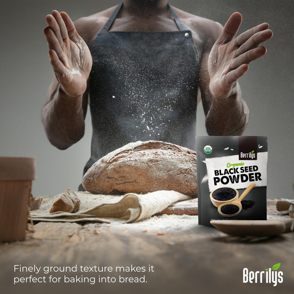 Berrilys Black Seed Powder added to a smoothie for flavor and nutrients.