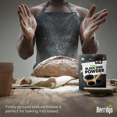 Berrilys Black Seed Powder added to a smoothie for flavor and nutrients.