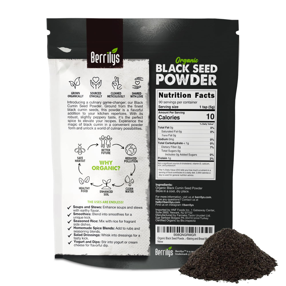 Close-up of Berrilys Black Seed Powder texture, fine and rich.