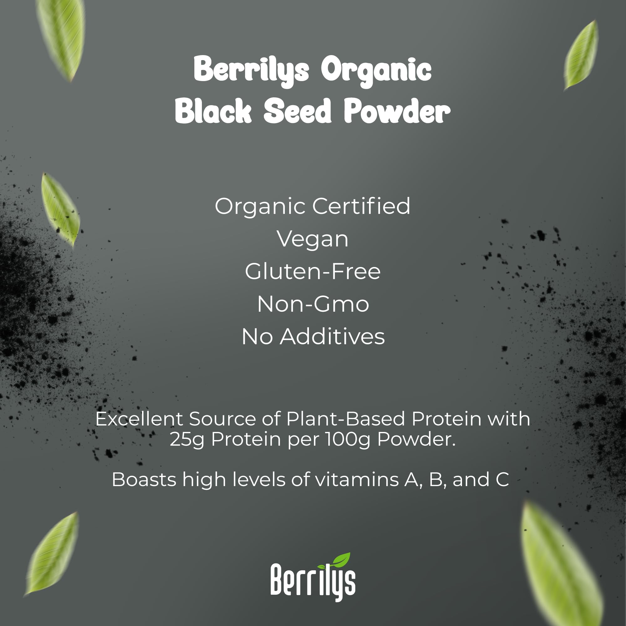 Berrilys vegan and allergen-free black seed powder for plant-based diets.