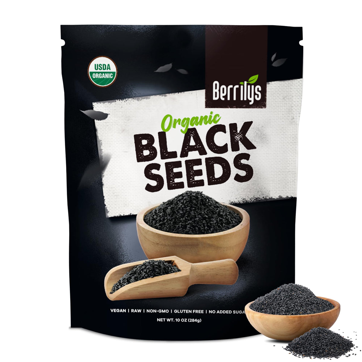 Berrilys Black Seeds bottle close-up showing organic labeling and quality