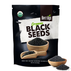 Berrilys Black Seeds bottle close-up showing organic labeling and quality