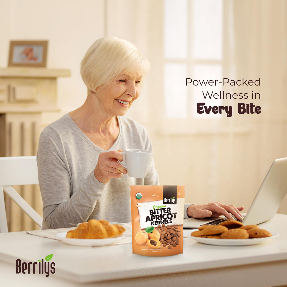 Berrilys organic bitter apricot kernels in a bag emphasizing freshness for roasting