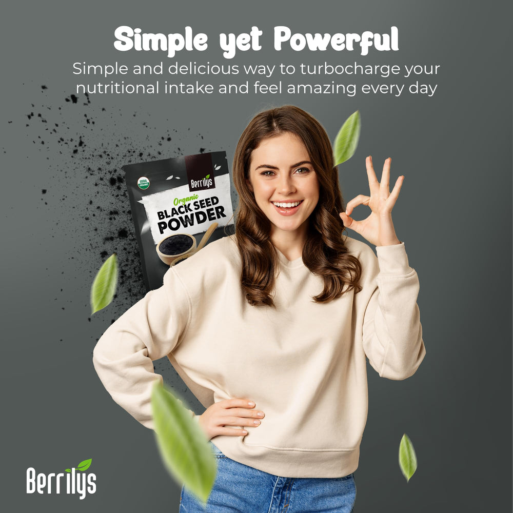 Packaging note highlighting Non-GMO and Gluten-Free attributes of Berrilys powder.