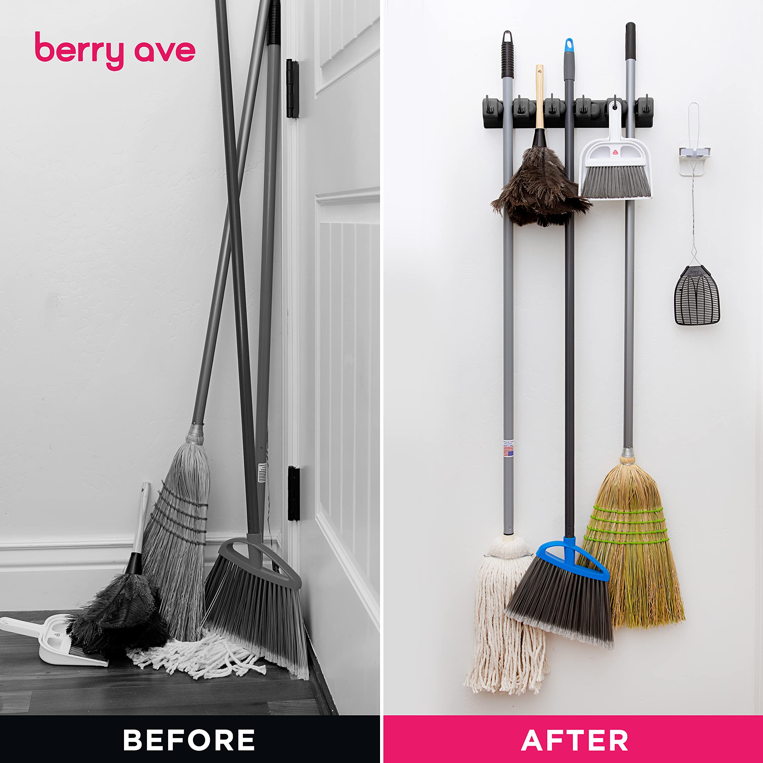 Berry Ave mop-broom holder in use with garden tools for organized shed
