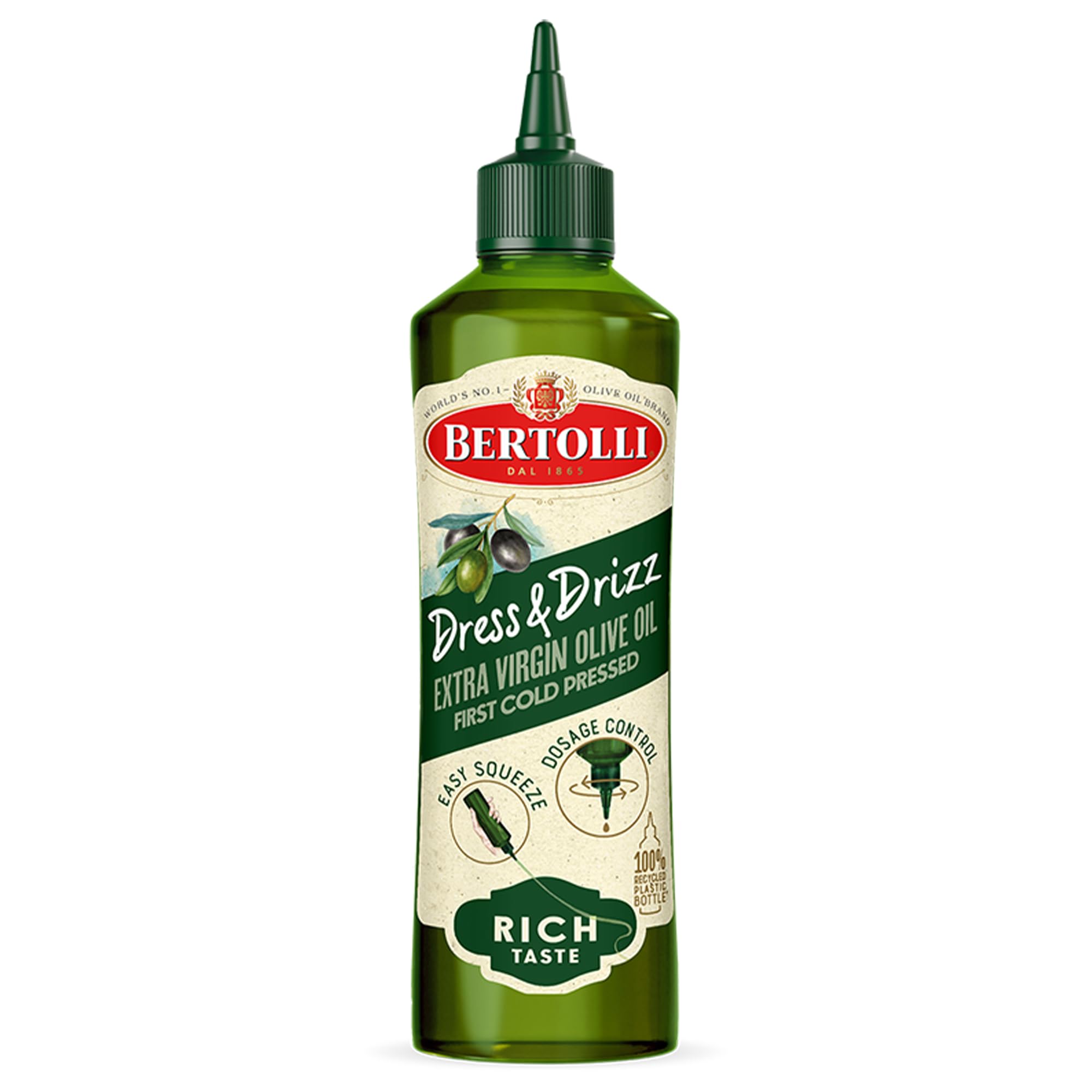 Bertolli Dress & Drizz EVOO bottle pour enables precise salad dressing pours