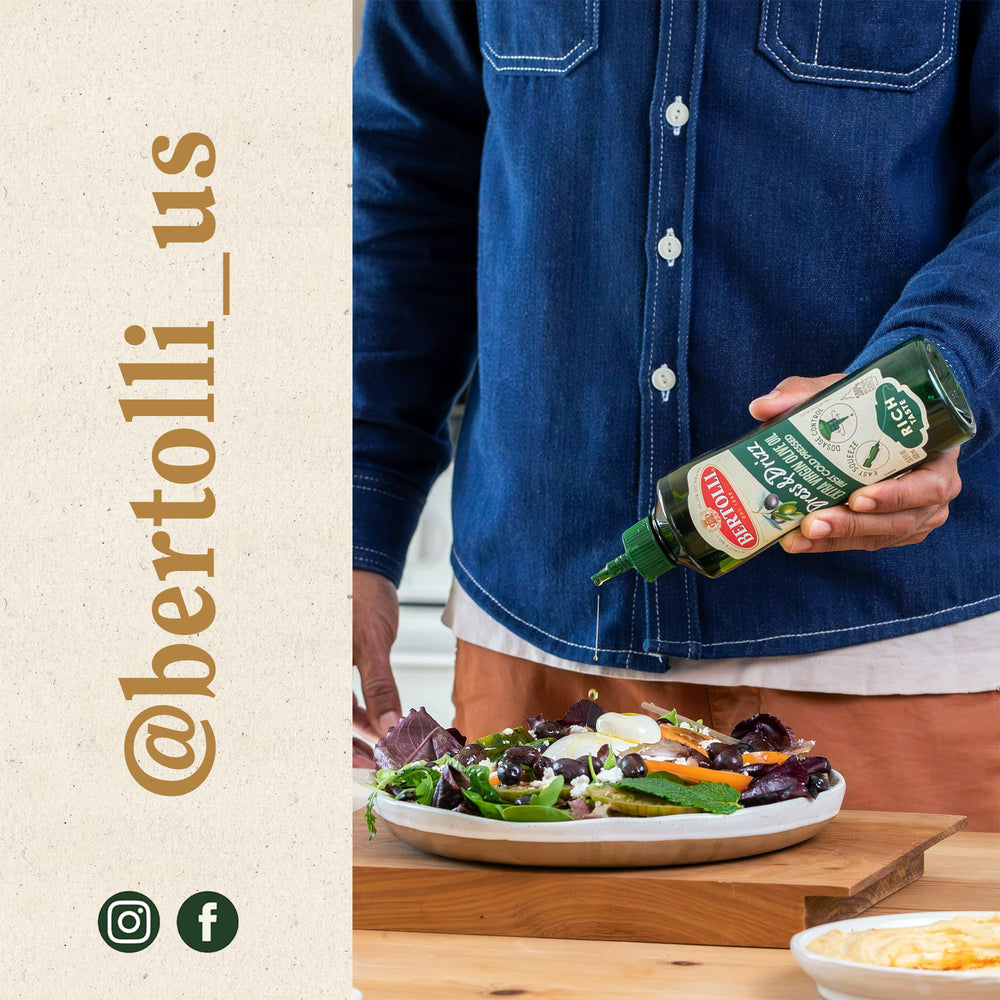 Bertolli Dress & Drizz bottle over greens demonstrates versatile use