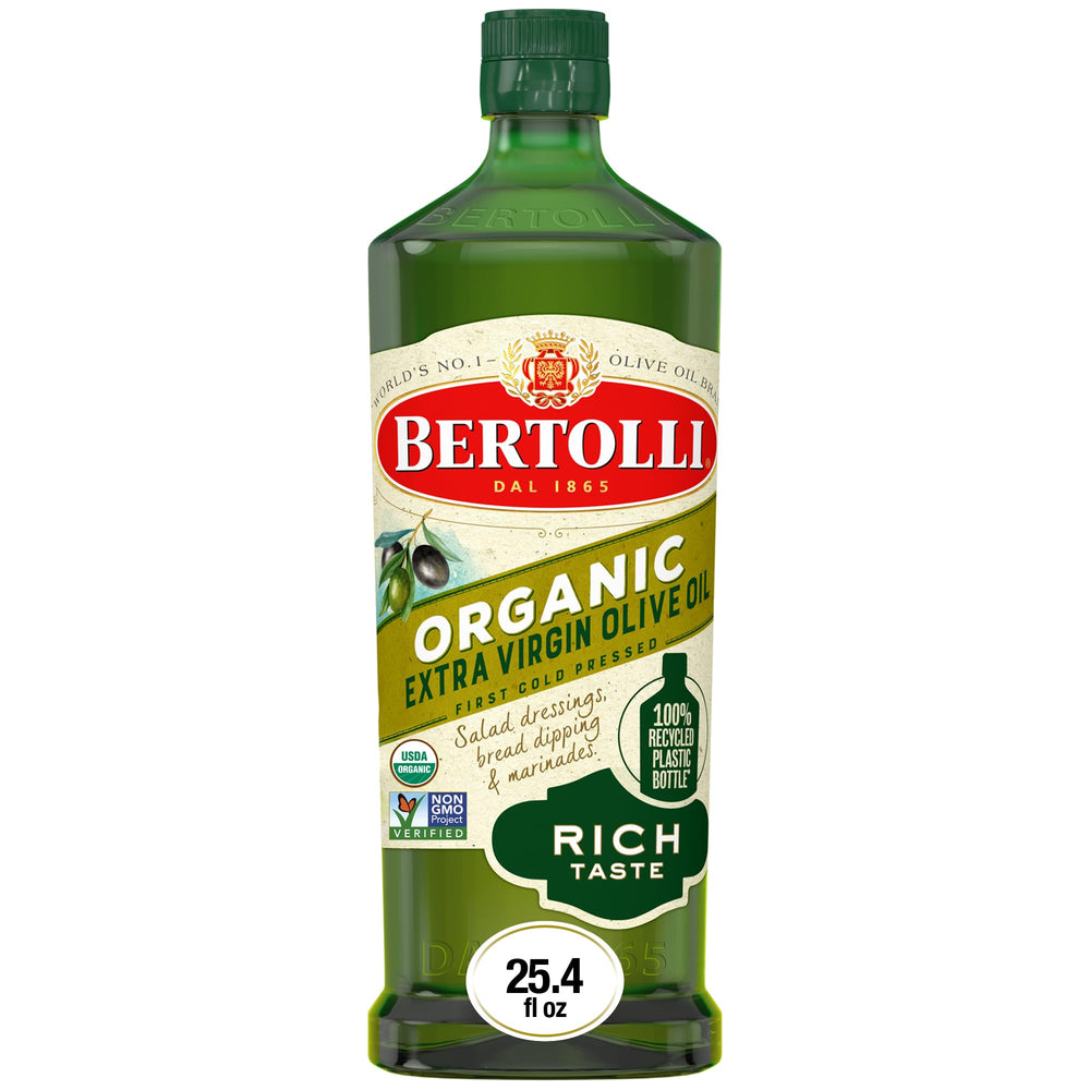 Bertolli Organic EVOO bottle highlighting rich flavor and quality.