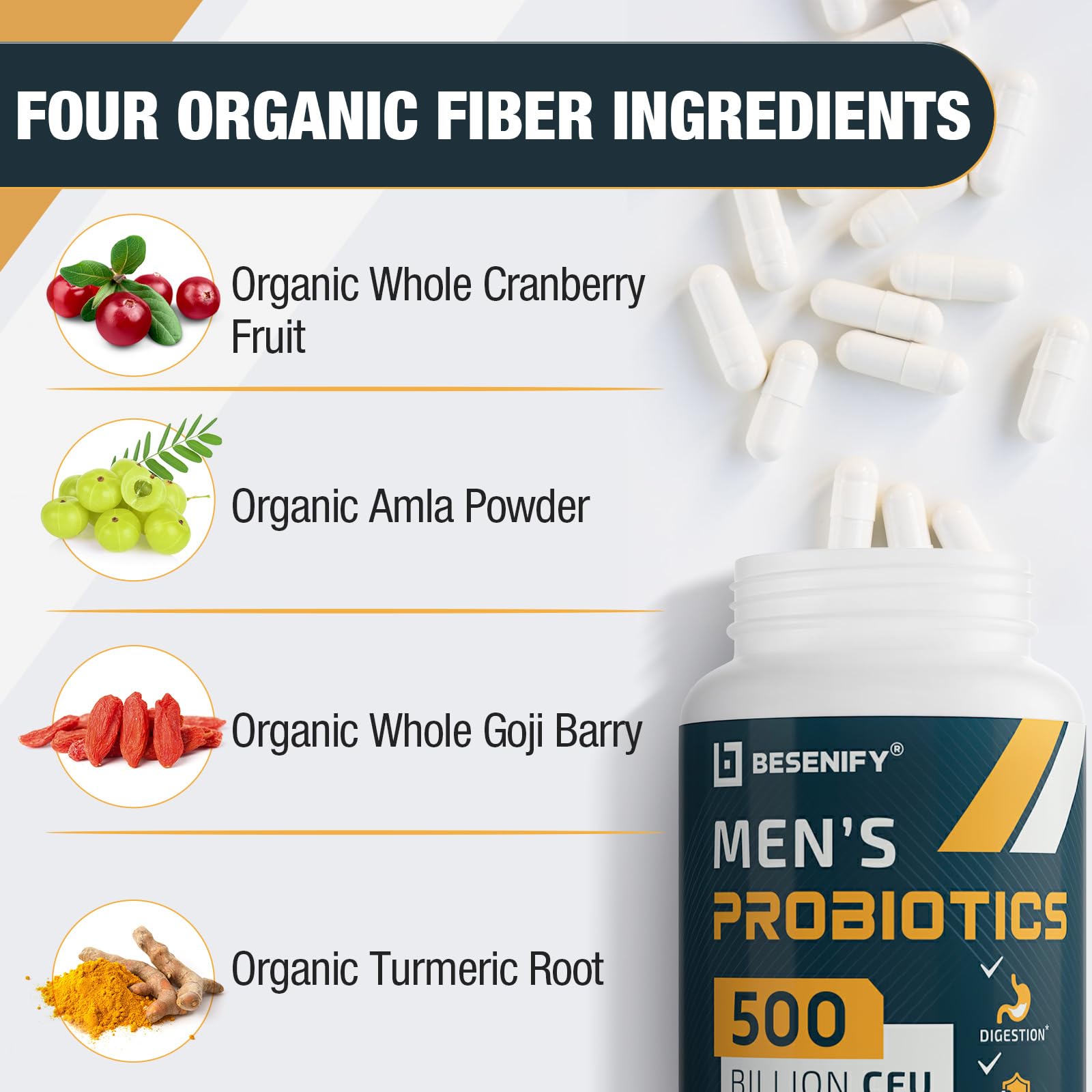 Besenify Probiotics for Men 12 strains label closeup with varied probiotic options.