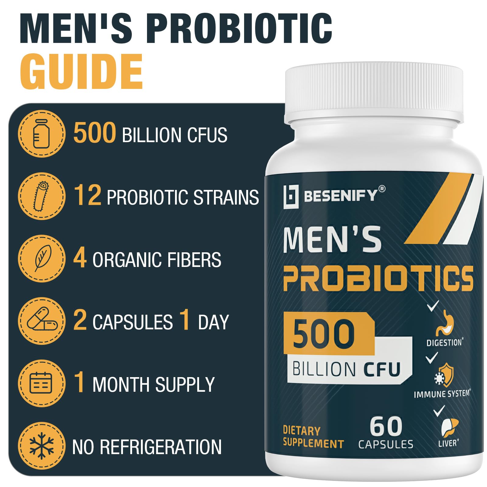 Besenify Probiotics for Men delayed-release capsule illustrating shelf-stable design.