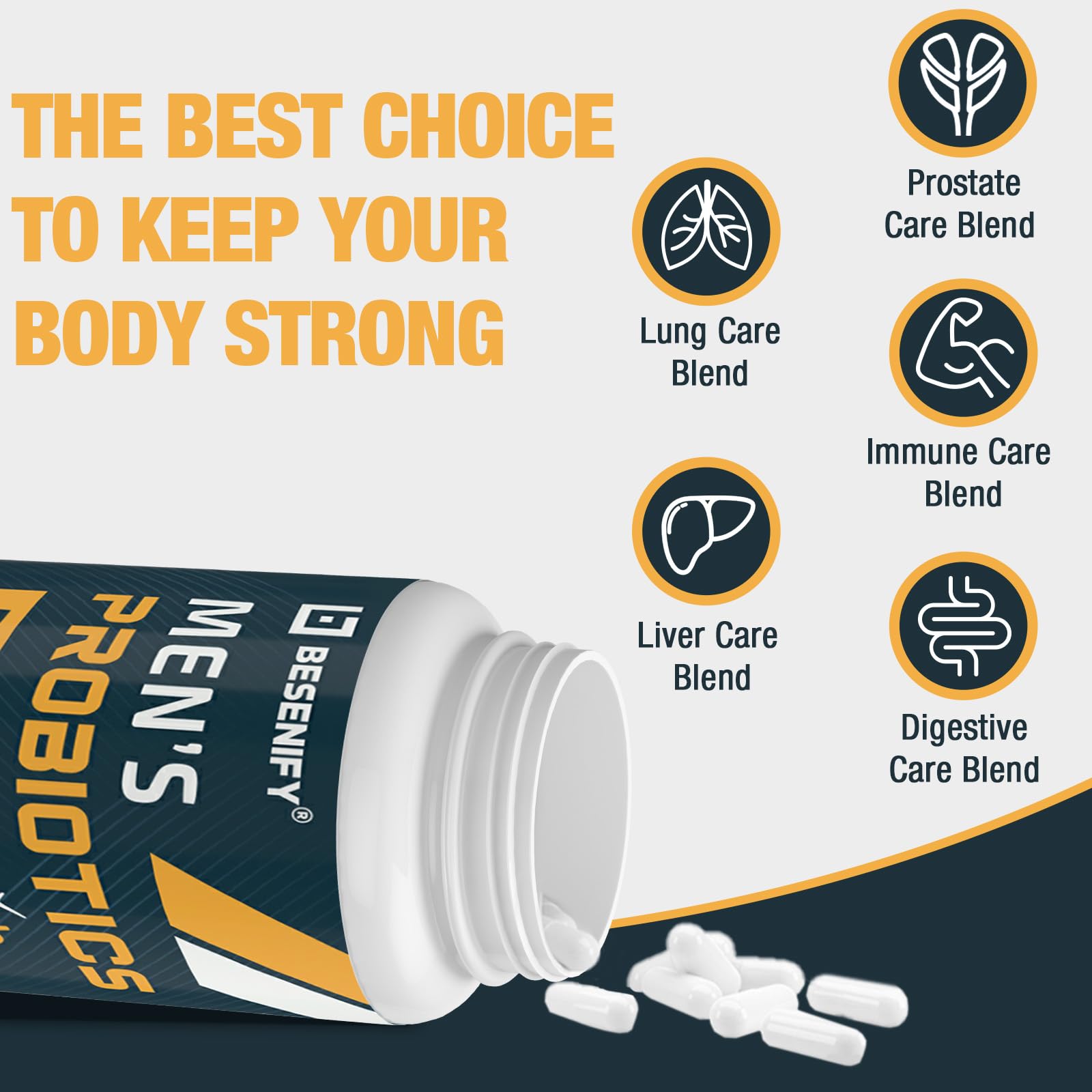 Besenify Probiotics for Men capsules closeup emphasizing 60 capsules for convenience.