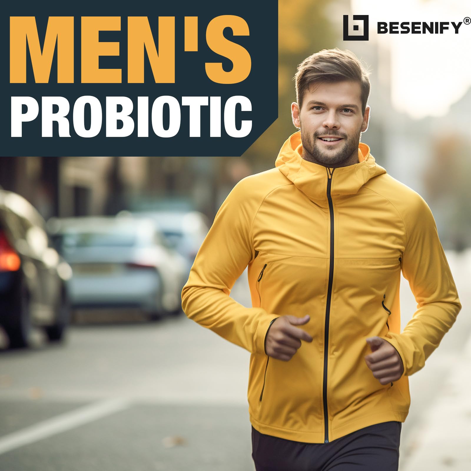 Besenify Probiotics for Men shown in a gym bag for convenient daily use.