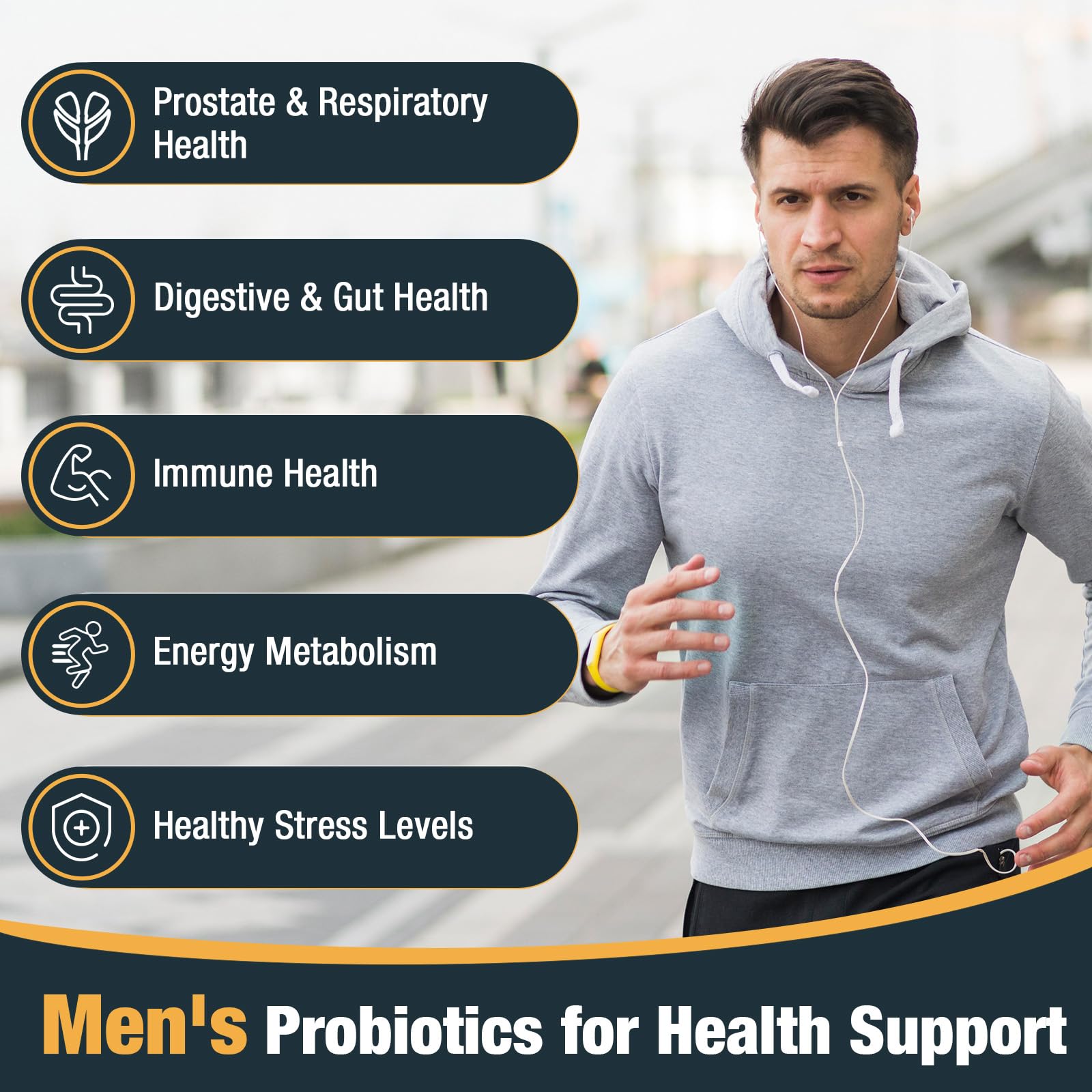 Besenify Probiotics for Men natural blend with Cranberry Turmeric Goji and Amla on label.