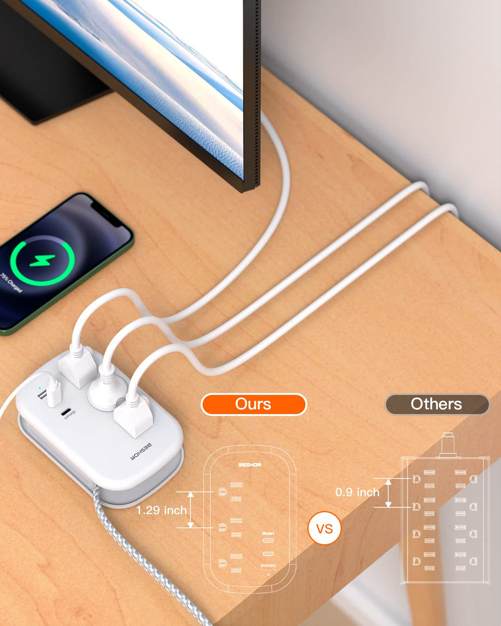 BESHON 3-outlet plus USB ports powers multiple devices efficiently