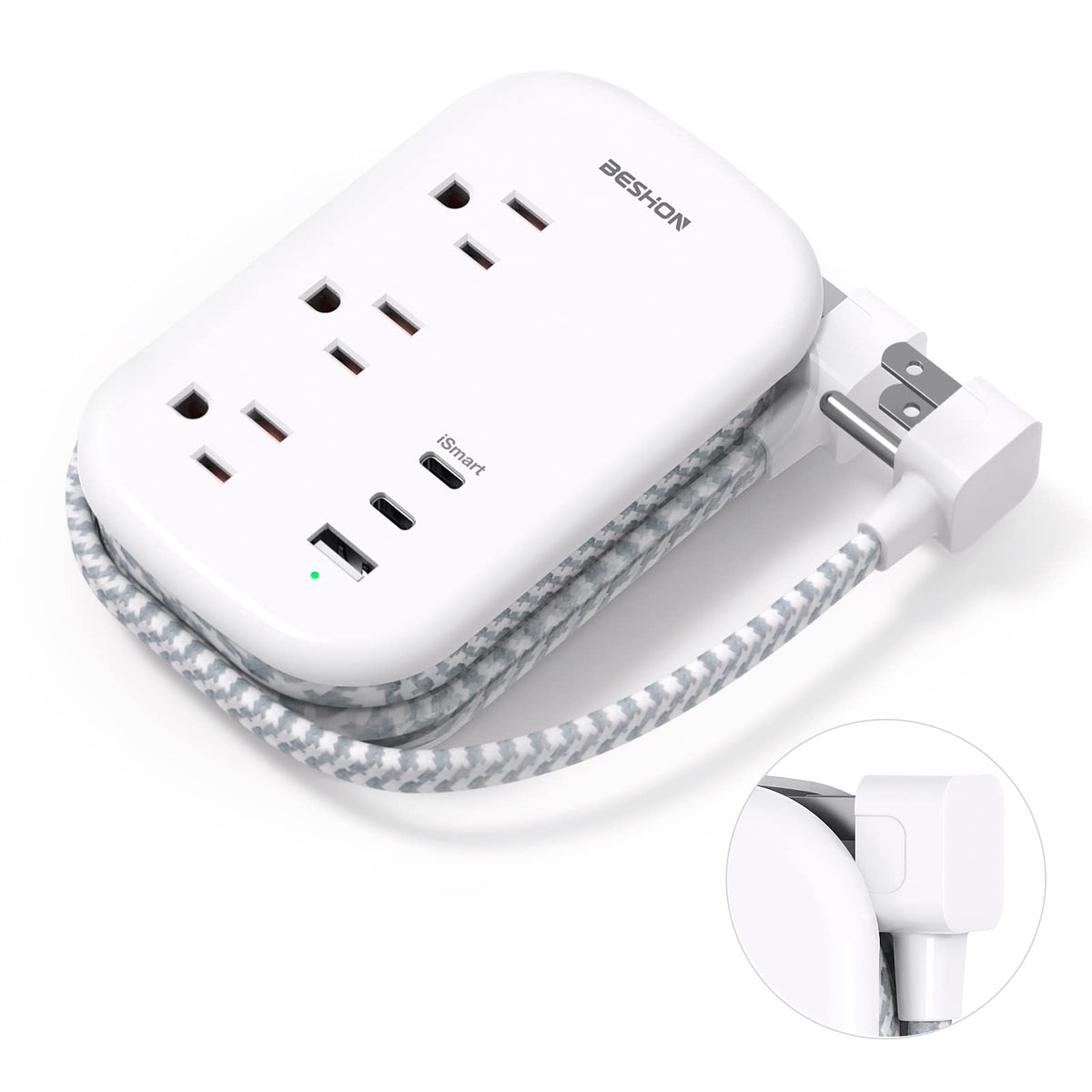 BESHON flat-plug power strip with 3 outlets and 3 USB ports for clutter-free desks
