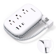 BESHON flat-plug power strip with 3 outlets and 3 USB ports for clutter-free desks