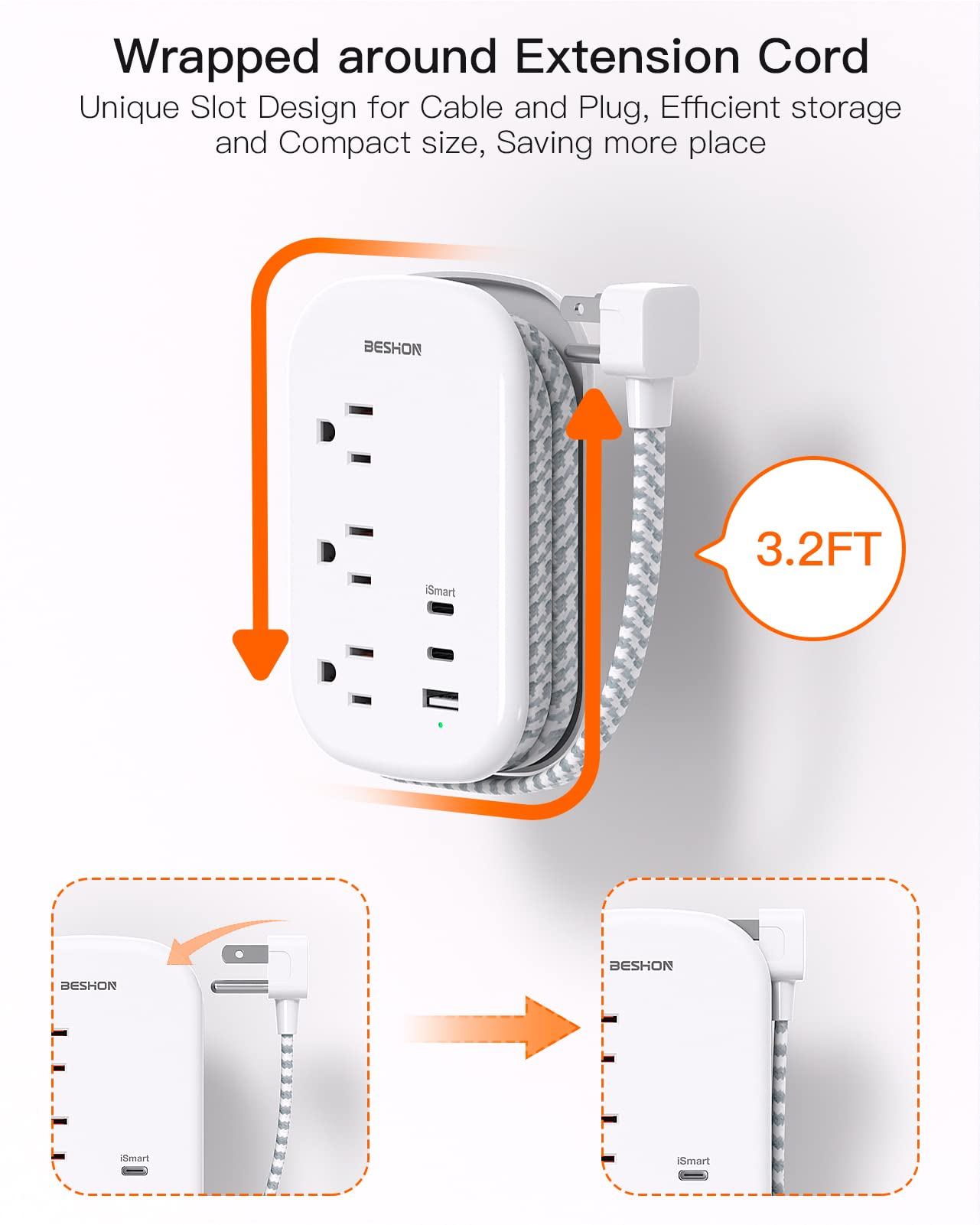 BESHON ultra-slim wall plug fits tight spaces behind furniture
